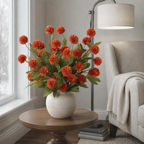 VIERENA 6 Pcs 27" Artificial Fall Pompon Mum Flower Stems for Vase (Orange) - color: Orange