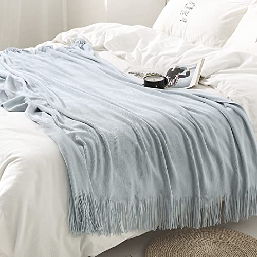 Homiest Pale Blue Knitted Throw Blanket with Fringe, 50x60 Inch - color: Baby Blue, size: 50" x 60"
