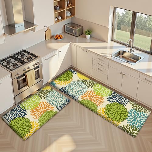 Kitchen Mats Set of 2 Cushioned Anti Fatigue Kitchen Rugs Mats Non Slip Waterproof Kitchen Runner Memory Foam Floor Mat Comfort Standing Mat for Sink,Office,Laundry, Multi Green - color: Multi Green, size: 17.3"x28"+17.3"x47"--0.4"Th