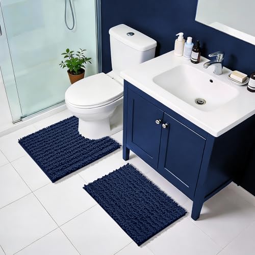 Yimobra Bathroom Rugs Non Slip Washable - Ultra Soft Absorbent Chenille Bath Mat, Quick Dry Shaggy Floor Carpet for Tub Shower, Navy Blue Home Decor Accessories, 24x17 Inch - color: Navy Blue, size: 24" X 17"