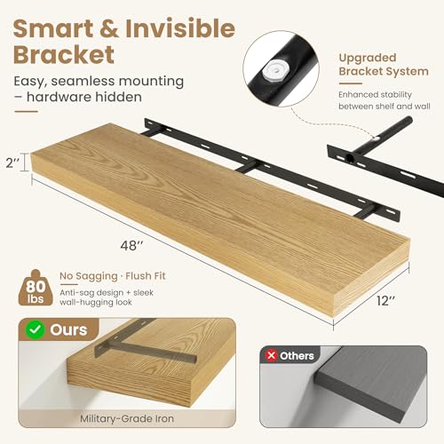 48 Inch Long Floating Shelves for Wall Set of 1, 12"D Wood Grain Shelves - color: Oak, size: 48"Wx12"Dx2"H, 1P