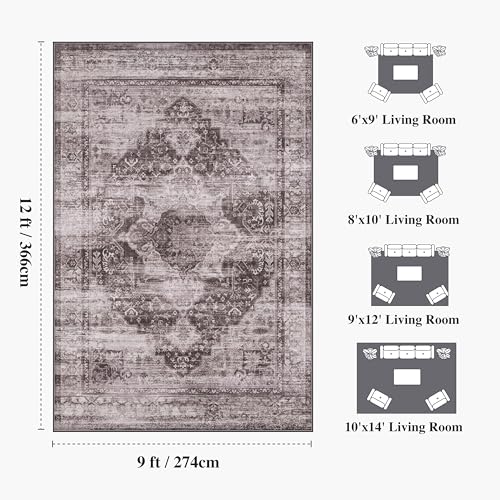 9x12 Washable Vintage Area Rug - Distressed Non-Slip Rugs Soft Large Medallion Carpets for Living Room Bedroom Dining Room Office Home Decor, Black - color: Brown, size: 9' x 12' (Rectangular)