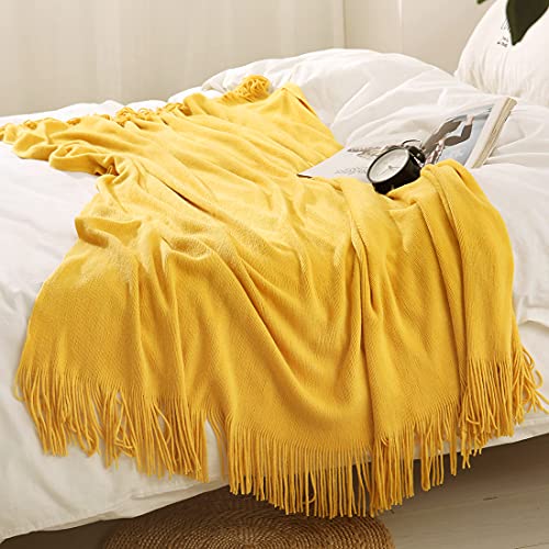 Homiest Yellow Knitted Throw Blanket with Fringe, 50x60 Inch - color: Yellow, size: 50" x 60"