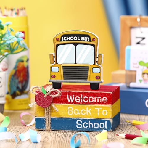 4 Pcs Back to School Table Decor, Wooden School Bus Book Signs - style: Bus