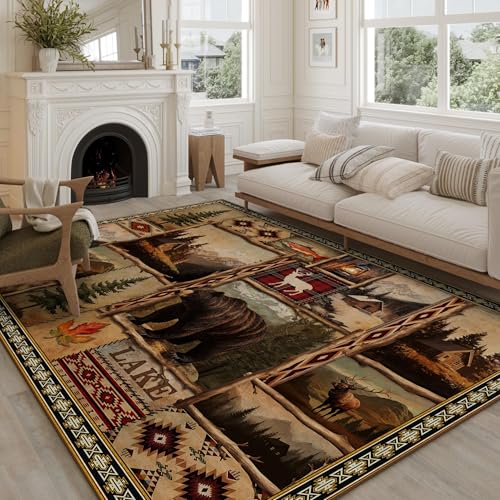 Vintage Moose Bear Cabin Rugs for Living Room 5'x7', Non-Slip Machine Washable Farmhouse Rustic Lodge Area Rug Carpet for Bedroom Indoor Dining Floor Carpet, Brown Rustic Living Room Decor - color: Rustic Bear, size: 5' x 7'