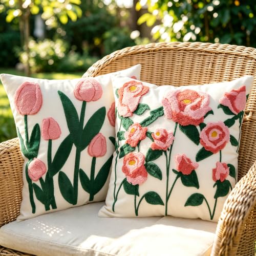 Rose Tulip Pink Floral Spring Embroidered Throw Pillow Cover 18x18 Set of 2 - color: Rose Pink
