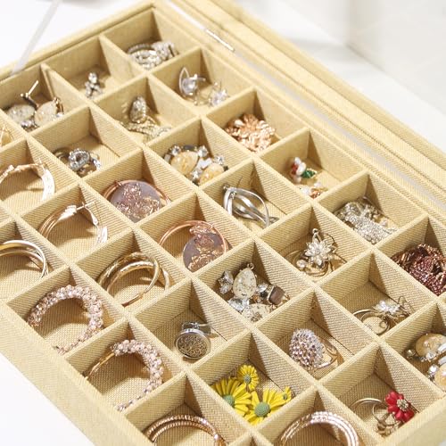 Coward Ring Earring Jewelry Organizer Box, 35 Grids Dustproof Display Holder Case, Yellow Linen Velvet Jewelry Bead Display Tray Case with Transparent Glass Lid for Momen Girls - color: Yellow Linen, size: 35Grids Box