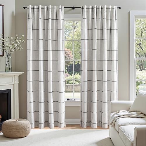MYSKY HOME 100% Blackout Plaid Farmhouse Linen Curtains 84 Inch Long 2 Panels Set for Living Room Double Layer Windowpane Drapes Thermal Insulated Privacy Protection Rod Pocket Back Tab, 52" W, Black - color: Black, size: 52"W x 84"L (Pack of 2)