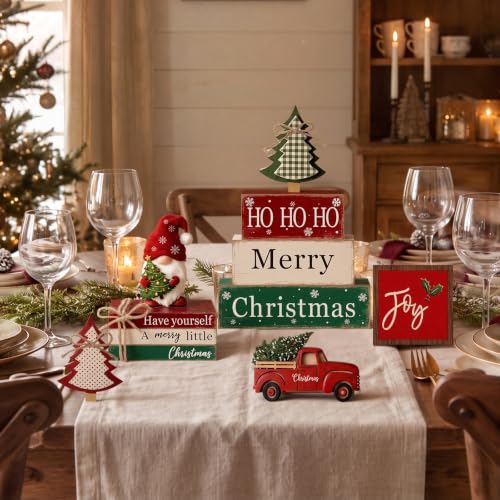 11 Pcs Christmas Table Decorations Set Christmas Wooden Sign Tiered Tray Decoration Xmas Table Centerpiece Block Stack Signs Farmhouse Rustic for Coffee Fireplace Mantel Shelf Kitchen - style: Farmhouse Christmas