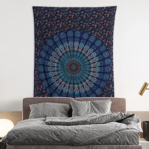 Bless International-Organic-Cotton-Blue-Green-Handmade-Mandala-Tapestry - color: Blue Green, size: 60"L x 54"W