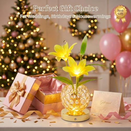 Stargazer Lily Crystal Table Lamp, Rechargeable Touch Flowers Lamp - color: Yellow