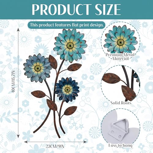 Xuhal Metal Flower Wall Art 15.75 Inch Vintage Daisy Flat Farmhouse, Blue