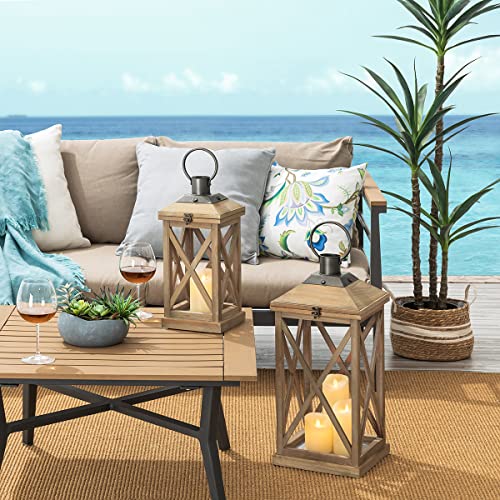 Glitzhome Set of 2 Mondern Farmhouse Wood Metal Decorative Lanterns Hanging Candle Lanterns,Natural (No Glass) - color: Brown