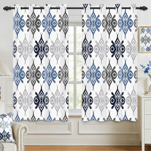 Blue Gray Moroccan Geometric Blackout Curtains, Vintage Boho Medallion Curtains for Bedroom Living Room, Room Darkening Window Drapes with Grommet Top, 2 Panels, 52W x 63L - color: 05 White - Blue Grey, size: 52"W x 63"L (Pack of 2)