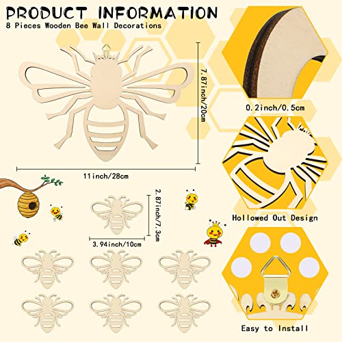 Yookeer 8 Pieces Wooden Bee Decor Wall Art Farmhouse Queen Bee Wall Sculpture Hanging Sign for Indoor Outdoor Garden Yard Lawn Decoration Spring Party Supplies(Wood Color) - color: Wood Color