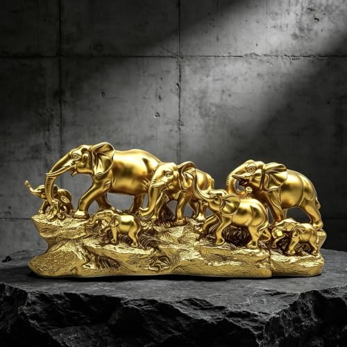 7 Elephants Herd with Babies Statue Elephant Family Frgurines Sculpture for Home Office Living Room Desktop Decoration Figurines Indoor Feng Shui Decor (Gold) - color: Gold