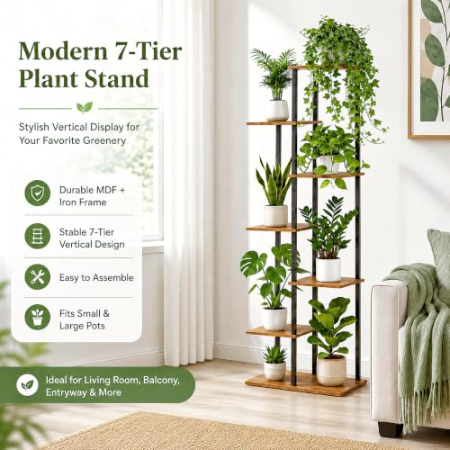 Corner Tall Plant Stand Indoor 7 Tier 8 Potted, Rustic Brown