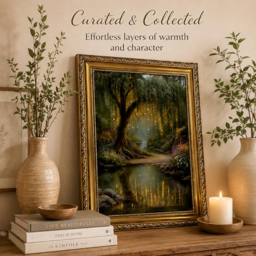 Vintage Gold Framed Forest Wall Art - Enchanted Fairy Tree Painting, Whimsical Dark Cottagecore Canvas Wall Decor for Bedroom, Living Room, Magical Golden Willow Nature Artwork 12x16in - color: forest, size: 16"L x 12"W