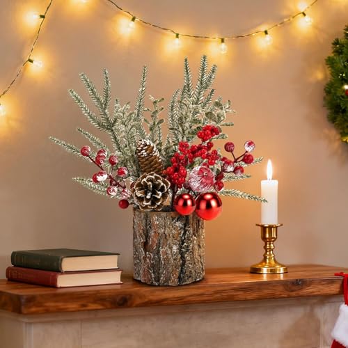 Small Christmas Table Centerpiece with Pinecones & Red Berries, Rustic Farmhouse Christmas Centerpieces for Coffee Bar, Mantel, Kitchen Island,Window Sill & Entryway Table Holiday Decor (1pcs