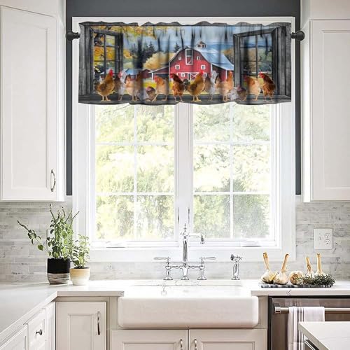 Farm Rooster Valance Curtains, Rustic Farmhouse Country Animal Rural Chicken Print Window Treatment Valances for Kitchen Bedroom Dining Room Living Room, 54x18 Inch - color: Chicken-1