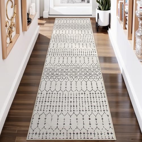Lahome Moroccan Washable 2x6 Runner Rug, Non-Slip Beige Kitchen Hallway Runner Rug, Ultra Soft Geometric Print Distressed Floor Carpet for Hallways Entryway Bedroom Laundry Hana - color: Beige, size: 2' x 6' (Runner)