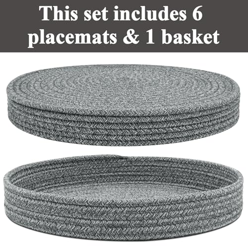 Round Placemats Set of 6 with Holder, Cotton Rope Woven Place Mats, Hot Pads for Kitchen, Heat Resistant Table Mats, 13 Inch Farmhouse Washable Braided Placemat for Kitchen Decor (Dark Gray) - color: Dark Gray
