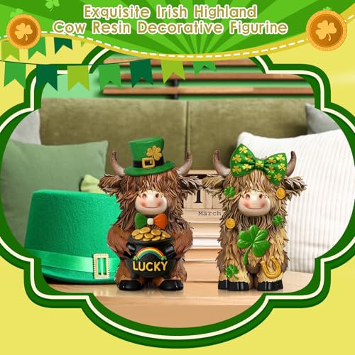 2 Pack Resin St. Patrick's Day Highland Cow Decor Gifts - style: St. Patrick’s Day