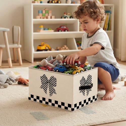 Coquette Black and White Checkered Bow Storage Basket Organizer - color: Coquette Checkered Bow