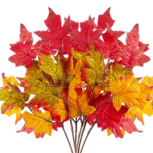 6 Pcs Fall Leaves Stem Artificial Orange Flowers Maple Leaves BranchesPlants Fake Autumn Stem for Vase Home Farmhouse Thanksgiving Table Centerpiece Fireplace Halloween Décor - color: 6 Pc Fall Leaves Stems, size: Fall Garland