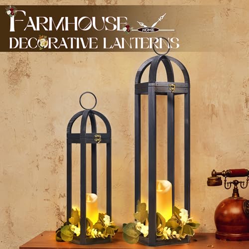 HPC Decor Large Rustic Farmhouse Lantern Decor Set of 2, Tall 30“ Vintage Wooden Lanterns (Black)