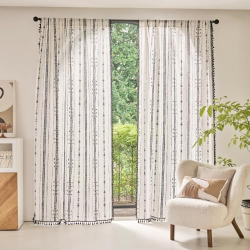 Black Boho Curtains for Living Room with Tassel 63 Inch 2 Panels - color: T-black, size: 52"W x 63"L (Pack of 2)