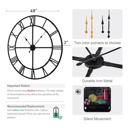 48 Inch Large Silent Wall Clock, Easy Assembly Roman Numeral Black - color: Black Metal Wall Clock, size: 48inch