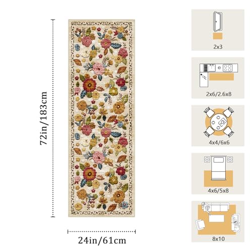 Washable 2x6 Runner Rug, Beige Boho Floral Non-Slip for Hallway, Kitchen - color: Beige, Cream, Mustard, Brick Red and Blue, size: 2' x 6' (Rectangular)