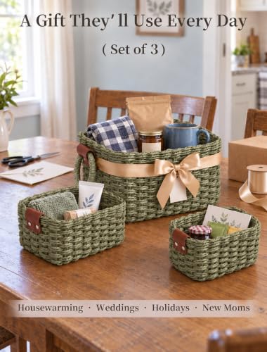Small Wicker Baskets, 3 PCS Paper Rope Baskets for Shelves, Green - color: Green