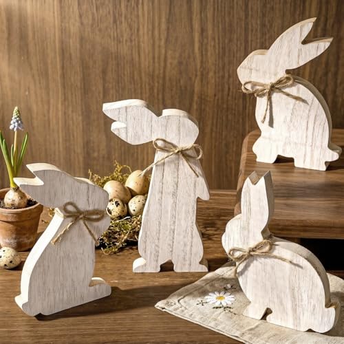 Easter Decorations: 4 pcs Rustic Wooden Easter Bunny Table Signs, Farmhouse Freestanding Tiered Tray Decor for Home Gifts, White