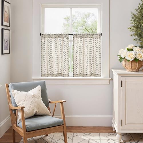 jinchan Black Boho Linen Kitchen Tier Curtains 24 Inch Rod Pocket 2 Panels - color: Arrow | Black on Linen, size: 26"W x 24"L (Pack of 2)