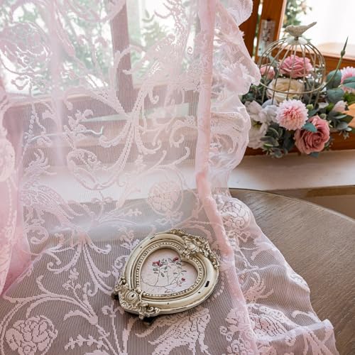 TUDECO Light Pink Lace Curtains 72 Inch Length, Floral Sheer 2 Panels - color: Pink, size: 59"W x 72"L (Pack of 2)