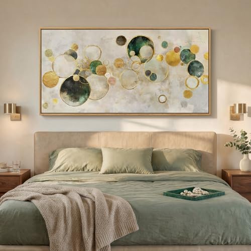 Extra Large Framed Green Gold Abstract Wall Art for Living Room, 36x72 In - color: Gold Circle A, size: 72"L x 36"W