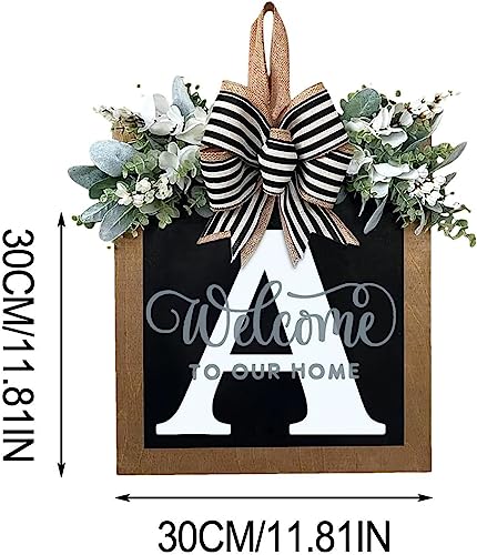 Last Name All Year Round Front Door Wreath with 26 Initial Letter Welcome Sign All Seasons Eucalyptus Garland and Bow ,Farmhouse, Porch, for Spring Summer Fall All Seasons Holiday Halloween Christmas.(A) - color: A