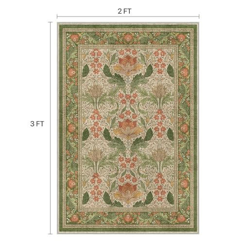 Bavni 2x3 Green & Orange Vintage Floral Entryway Rug, Washable for Kitchen - color: Green & Orange, size: 2' x 3' (Rectangular)