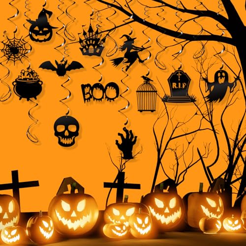 Halloween Hanging Swirls, 30Pcs Hanging Halloween Ceiling Streamers Black Spooky Ghost Claw Bat Pumpkin Swirls for Classroom Office Indoor Outdoor Party Supplies - color: Halloween Black
