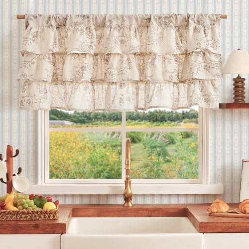 jinchan Alisa Ruffled Floral Valance Curtain 18 Inch 1 Panel Taupe on Linen - color: Alisa Taupe on Linen