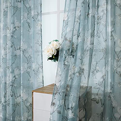 Tollpiz Floral Short Blue Sheer Tier Curtains Flower Print Vine Embroidery Kitchen Half Curtain Rod Pocket Café Voile Window Curtains for Bathroom, 30 x 24 inches Long, Set of 2 Panels - color: Blue, size: 30"W x 24"L (Pack of 2)