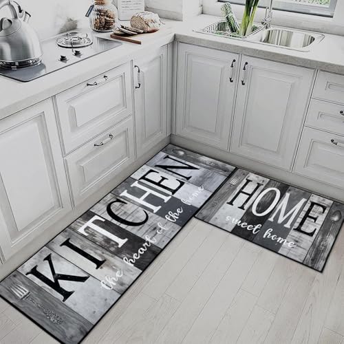 Kitchen Rugs Set of 2 Non Slip WashableFarmhouse Vintage - color: Black Gray 1