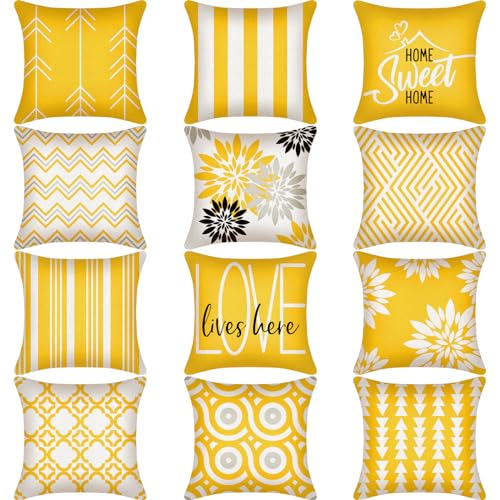 Flutesan 12 Pcs Pillow Covers 18x18 Geometric Linen for Couch, Yellow - color: Yellow