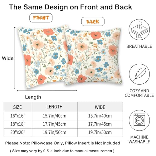 Coral Blue Wildflower Throw Pillow Covers 18x18 Set of 2, Cream Botanical Decorative Cushion Covers, Modern Cottage Flower Pillow Cases for Couch Sofa Bedroom Living Room Home Decor - color: Meadow Flower