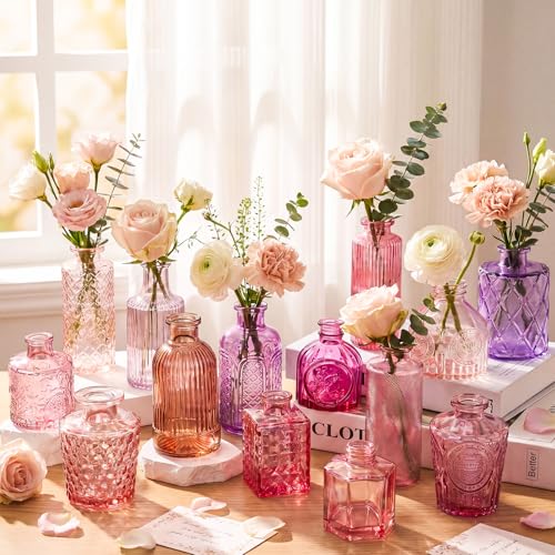 Yaomiao 30 Pcs Glass Bud Vases Centerpieces, Pink Purple Red Series - color: Pink Purple Red Series
