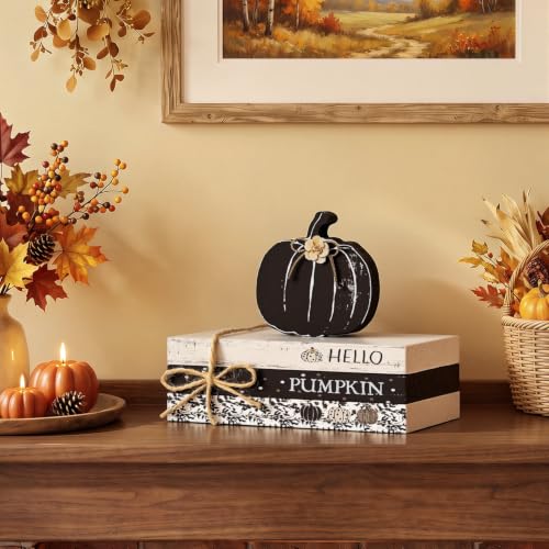 Smile 가을 나무 장식 표지판 블랙 플로럴 호박 HELLO PUMPKIN 계층형 트레이 테이블 탑 표지판 가을 수확 추수감사절 홈 데코 - style: 블랙 펌킨