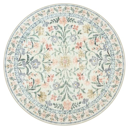 Lahome 6ft Beige Round Rug, Cream Floral Circle Babay Girls Bedroom Rug - color: Beige, size: 6' (Round)