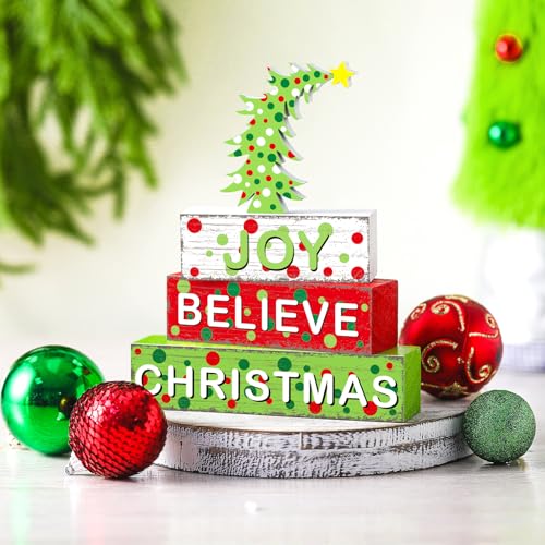 Geelin 4 Pcs Christmas Tree Green Wooden Table Blocks Tiered Tray Decor - style: Christmas Tree